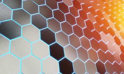 Glowing black blue and orange hexagons background pattern on silver metal surface 3D rendering