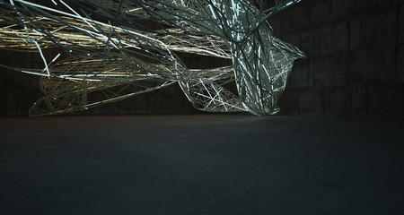 Abstract architectural concrete smooth wire interior of a minimalist house with color gradient neon lighting. 3D illustration and rendering.