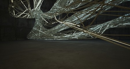 Abstract architectural concrete smooth wire interior of a minimalist house with color gradient neon lighting. 3D illustration and rendering.