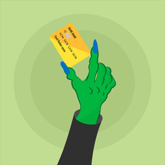 witch or zombie hand holds credit card. Credit card payment, purchase, transaction. halloween disign of situation. Vector flat design style.