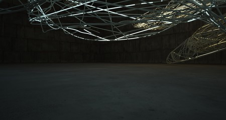 Abstract architectural concrete smooth wire interior of a minimalist house with color gradient neon lighting. 3D illustration and rendering.