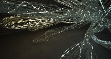 Abstract architectural concrete smooth wire interior of a minimalist house with color gradient neon lighting. 3D illustration and rendering.