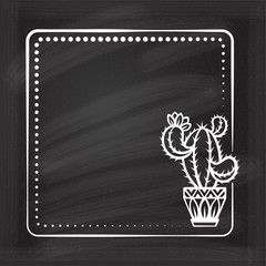 Vector vintage square frame with a blooming cactus in the patterned pot on a chalkboard background .