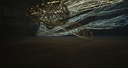 Abstract architectural concrete smooth wire interior of a minimalist house with color gradient neon lighting. 3D illustration and rendering.