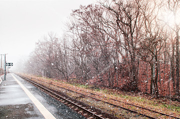 JR Onuma Koen station empty platform during snow fall beautiful winter scene
