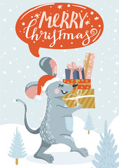 Greeting card for New Year with cute mouse, gifts and lettering. Rat carries a mountain of presents. Rat is Chinese symbol 2020 year. Merry Christmas card. Vector illustration.