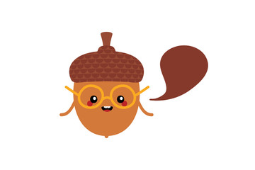 Cute cartoon acorn character in glasses with speech bubble, talking, giving advice or information. 
