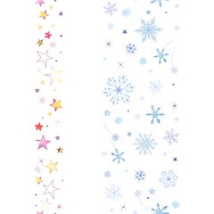 Christmas set of vertical seamless pattern with snowflakes and colorful stars. Vector holiday winter illustration, isolated template on white background.