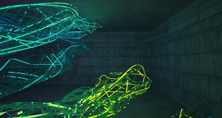 Abstract architectural concrete smooth interior of a minimalist house with color gradient neon lighting and glass wire. 3D illustration and rendering.