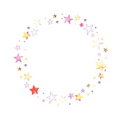 Stars colorful confetti frame, Christmas sparkling circle or celebration birthday party background. Vector holiday illustration, template isolated for invitation.