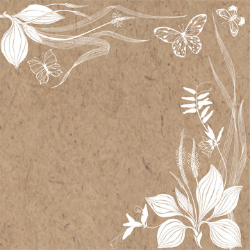 Floral vector background with meadow wildherbs, butterflies and place for text on kraft paper. Invitation, greeting card or an element for your design.