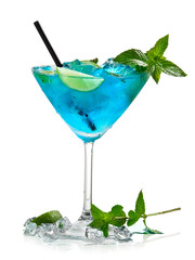 Blue mojito cocktail in martini glass