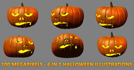 zombie face with light inside carved on Halloween pumpkins - 6 detailed isolated images, large scale 3D illustration of objects