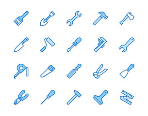 Construction tools flat line icons set. Hammer, screwdriver, saw, spanner, paintbrush vector illustrations. Outline signs for carpenter, builder equipment store. Pixel perfect 64x64. Editable Strokes