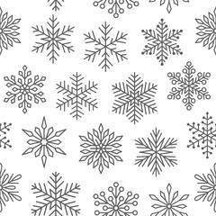 Christmas, new year seamless pattern, snowflakes line illustration. Vector icons of winter holidays, cold season snowfall. Celebration xmas card black white repeated background