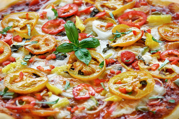 Homemade Pizza Bologna complemented with a variety of fresh vegetables & herbs.