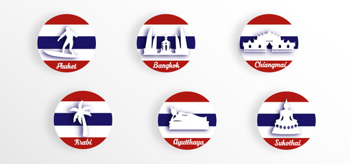 City of Thailand in paper cut style. Flag and Landmarks of Thailand Vectors Illustration