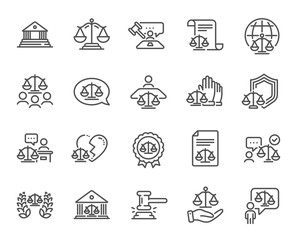 Court line icons. Scales of Justice, Lawyer and Judge. Hammer, Law and Petition document set icons. Judgment, justice, court injunction. Gavel judge hammer, rulings, presiding officer. Vector