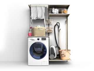 Washing machine and clothes on white background