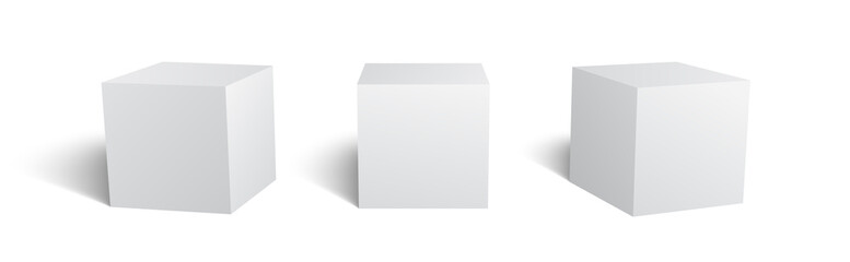 Box mockup. Cube perspective view, white packaging boxes templates. Branding container. Geometric cube or box package mockup. 3d form for brand design. Advertising shapes. Vector template with shadows