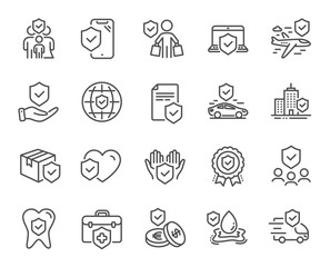 Insurance line icons. Health care, risk, help service. Car accident, flood insurance, flight protection icons. Safety document, money savings, delivery risk. Car full coverage. Vector - obrazy, fototapety, plakaty