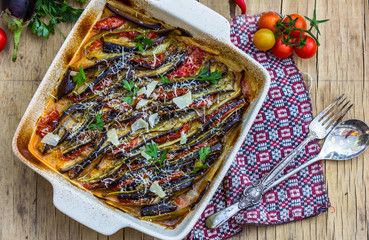 Ratatouille - a traditional vegetable dish of French cuisine. Ratatouille dish of eggplant,...