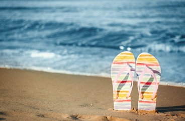 Fototapeta premium Stylish flip flops on sand near sea, space for text. Beach accessories