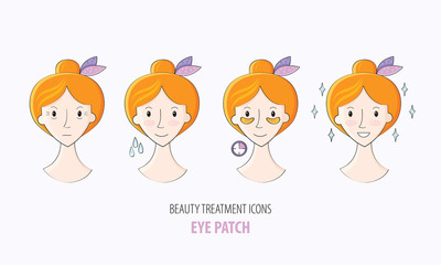 Collagen eye patches in vector. Beauty treatment illustration, application of patches under the eyes. Korean cosmetics. Steps how to apply eye patches. Beauty cosmetics icons. Spa salon