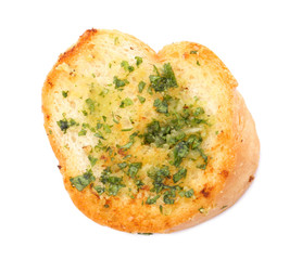 Slice of bread with garlic, cheese and herbs on white background, top view