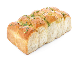 Buns of bread with garlic and herbs on white background