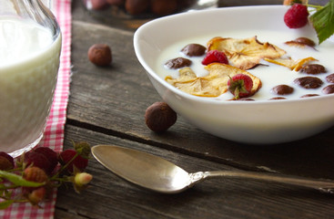 homemade cereal  breakfast, chocolate balls with milk. top view