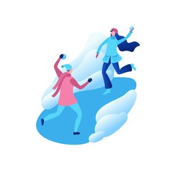 Winter isometric people, man and girl playing snowballs, snowman, happy romantic couple, 3d vector sport family playing, outdoor activity, snow games, simple design cartoon characters