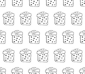 Seamless Christmas pattern in vector. New year background gift with bow. Hand drawn monochrome illustration, black and white. Happy, holiday, celebration. Art Line. Doodle.