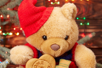 Christmas composition. Teddy bear in a red hat holding a box of homemade cookies on the background of lights Christmas garland on the branches of the Christmas tree. on the brown wooden background
