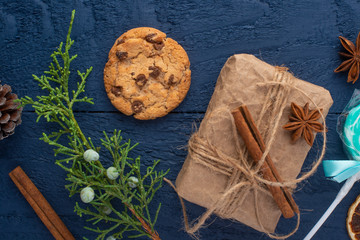 Christmas or New Year.Christmas gifts.Toys and coniferous branches. Christmas mood and warmth