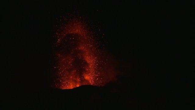 Stromboli Volcano Erupts Lava High Into Sky At Night