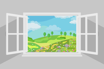 Open window with beautiful summer landscape