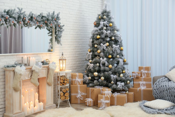 Decorated Christmas tree in modern living room interior