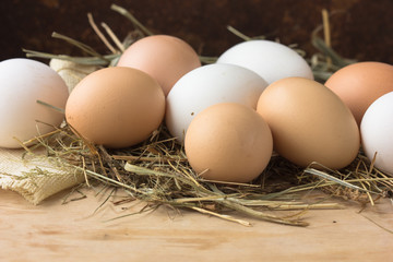 Raw brown eggs in bowl. Eggs in shells - macro shot with shallow depth of field.