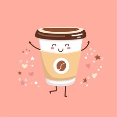 Cute vector illustration of a take away paper coffee cup with doodle hearts, stars, and dots. 