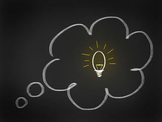 A glowing lightbulb in a thought bubble on black background
