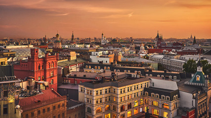 Panoramic view of Moscow historical center from the roof after sunset