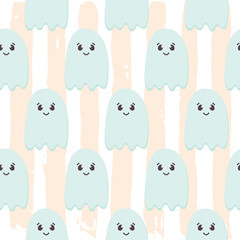 Halloween Seamless Pattern of Flying Ghosts. Cute Nursery room wallpaper, kids card. Pastel colors scared Cartoon character isolated on brush background. Printable flat style