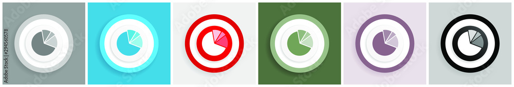 Aufkleber Pie diagram icon set, colorful flat design vector illustrations in 6 options for web design and mobile applications