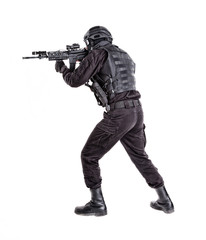 Police special forces shooter sneaking with rifle