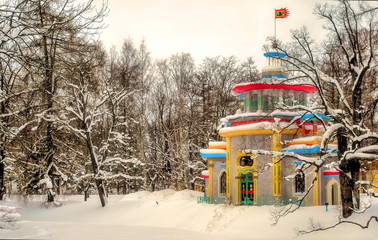 Chinese arbor in  winter Alexander Park in Tsarskoye Selo in St. Petersburg