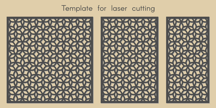 Template for laser cutting. Stencil for panels of wood, metal. Pattern with flowers. Abstract geometric background for cut. Vector illustration. Decorative cards. Ratio 1:1, 2:3, 1:2