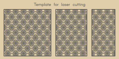 Template for laser cutting. Stencil for panels of wood, metal. Pattern with snowflakes. Abstract geometric background for cut. Vector illustration. Decorative cards. Ratio 1:1, 2:3, 1:2.