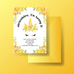 Birthday invitation unicorn crown flower yellow watercolor template