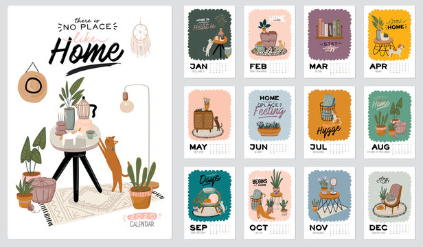Wall calendar. 2020 Yearly Planner with all Months. Good school Organizer and Schedule. Cute home interior background. Motivational quote lettering. Flat vector illustration in trendy style